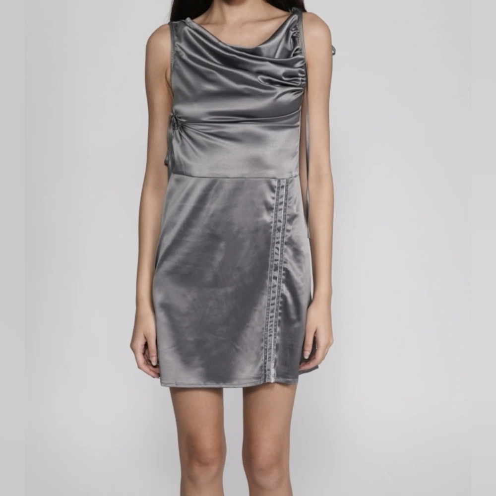 Zemeta Silver Cowl Neck Satin Mini Dress
